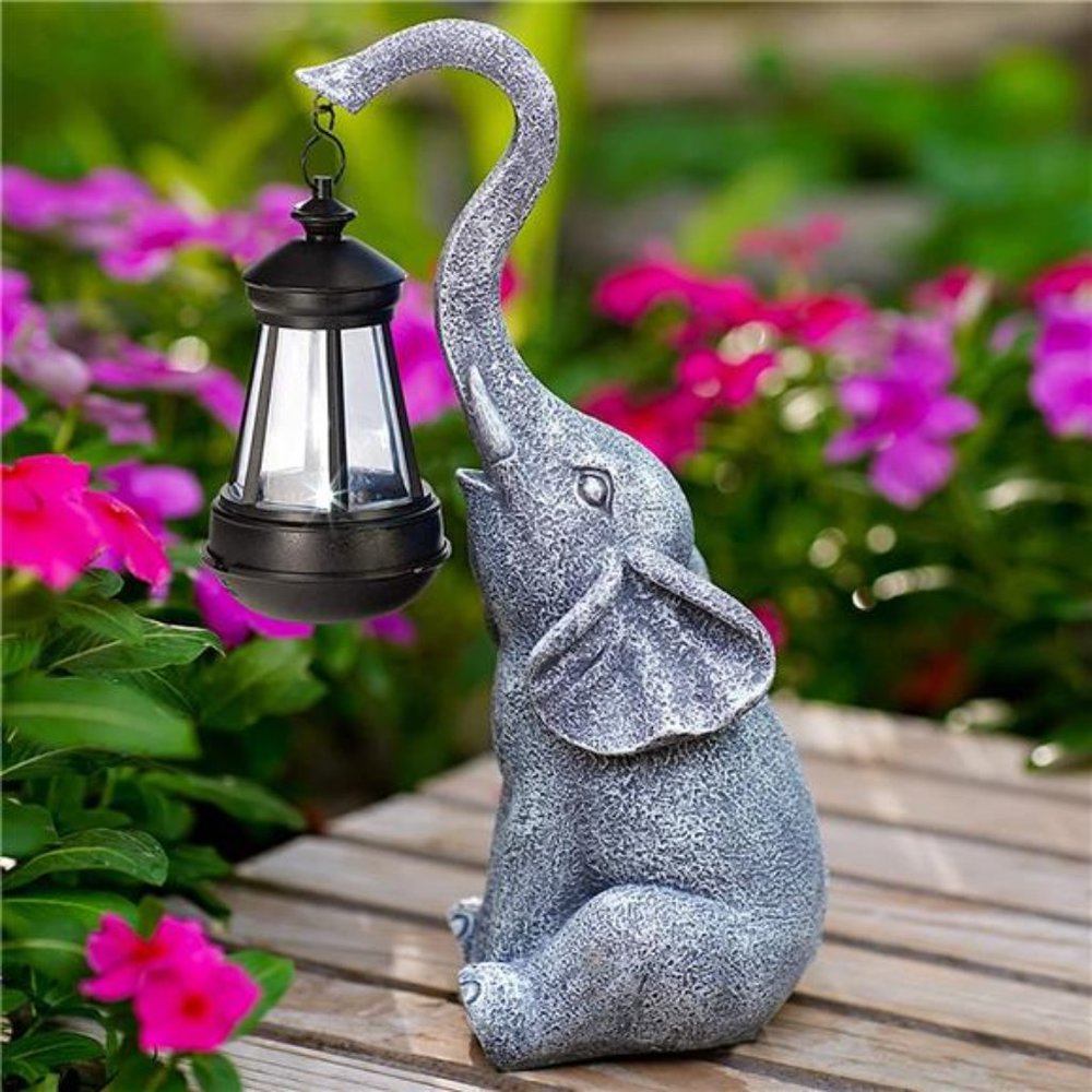 Elephant Statue with Solar Lantern - Elephant Decor with Solar Powered LED Ligh